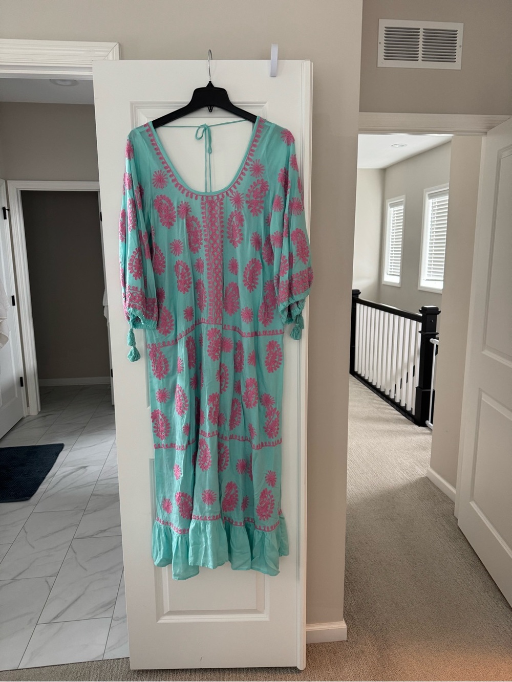 Turquoise Maxi Dress with Pink Paisley Print